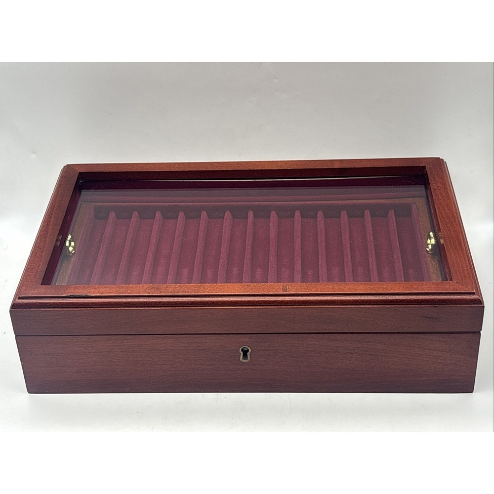 Eureka Fountain Pen Storage Box USA Wood w/ Burgundy Velvet Interior - 29 Slots